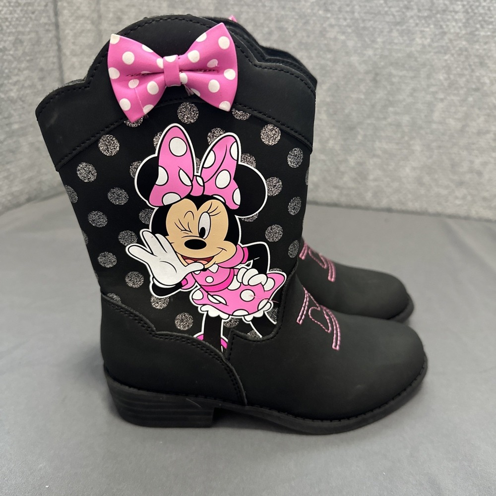 Disney Jr. Minnie Mouse Girls‎ Size 11 Med Cowboy Boots Faux Leather Black Pink